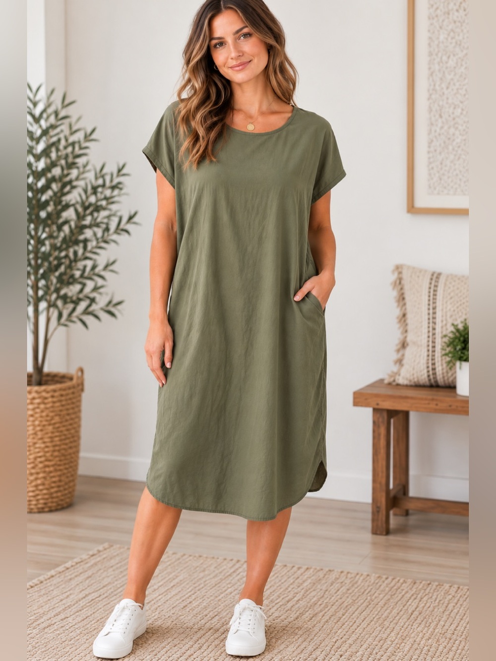 Gap Olive Green Midi Shift Dress Size Large Minimalist Lagenlook Boho